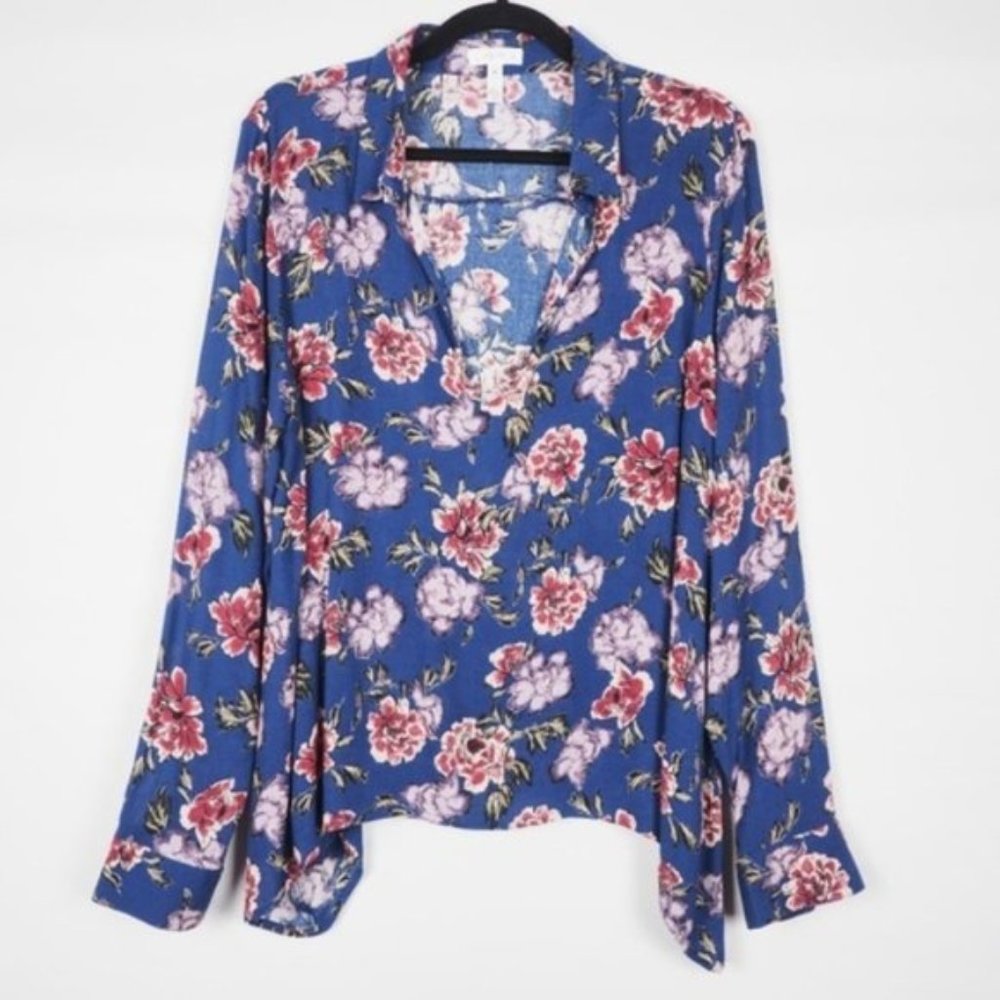 Leith Long Sleeve V-neck Top Collar Floral Blue M